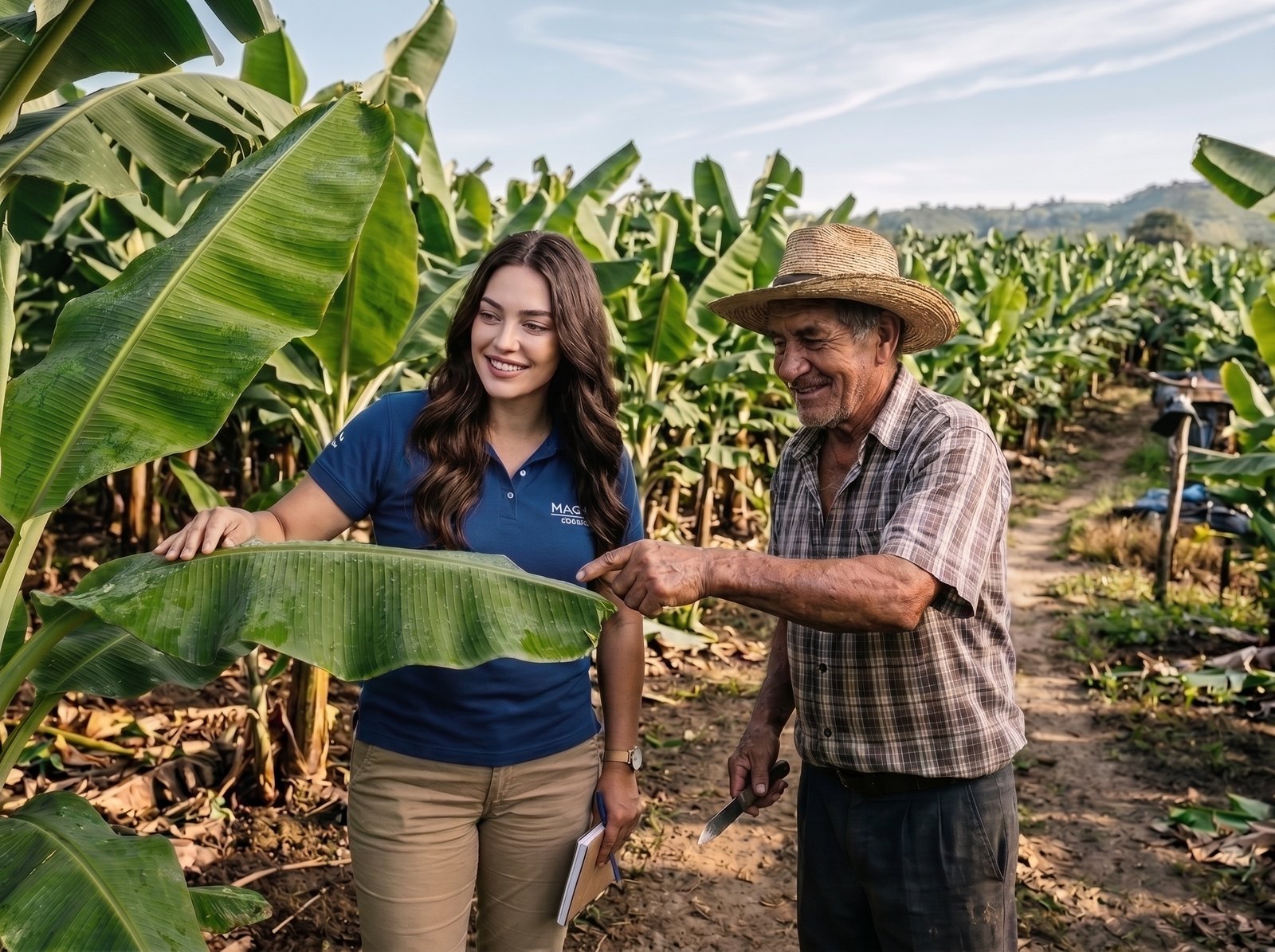 Agrónoma y productor en plantación de banano en Ecuador